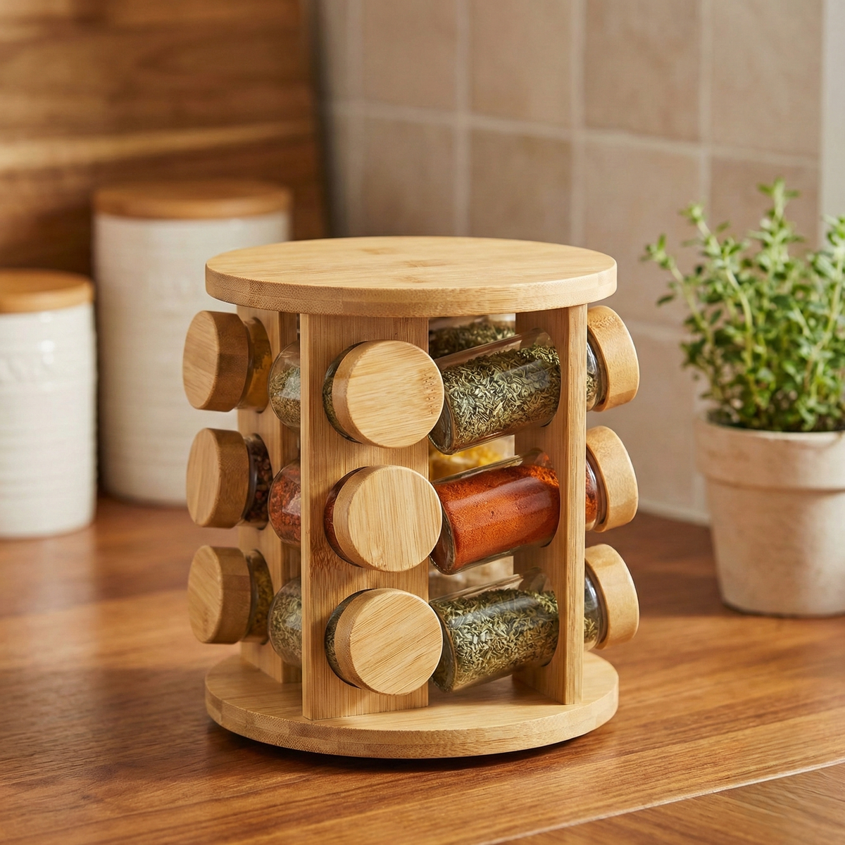 Bamboo Carousel Spice Rack (12 Jars) – Eco Friendly Kitchen Organizer ...