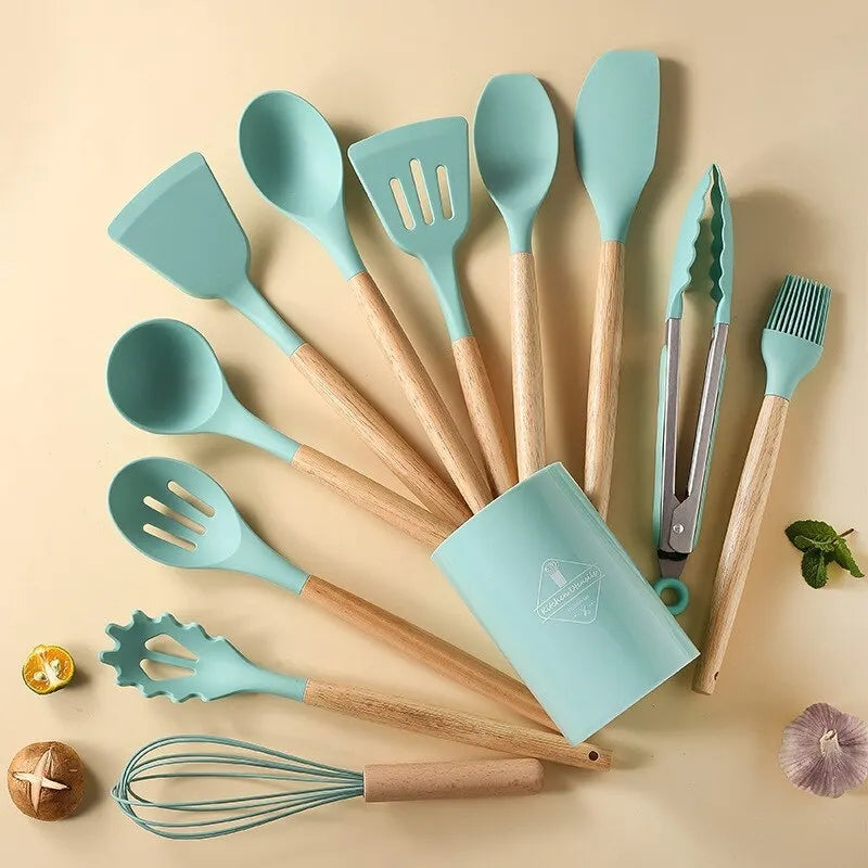 Silicon Wooden Spoon Set (12 Pcs)
