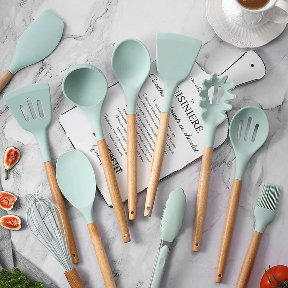 Silicon Wooden Spoon Set (12 Pcs)