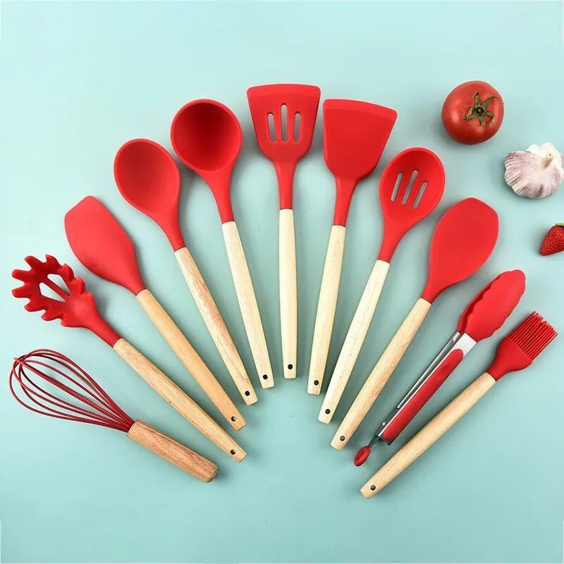 Silicon Wooden Spoon Set (12 Pcs)